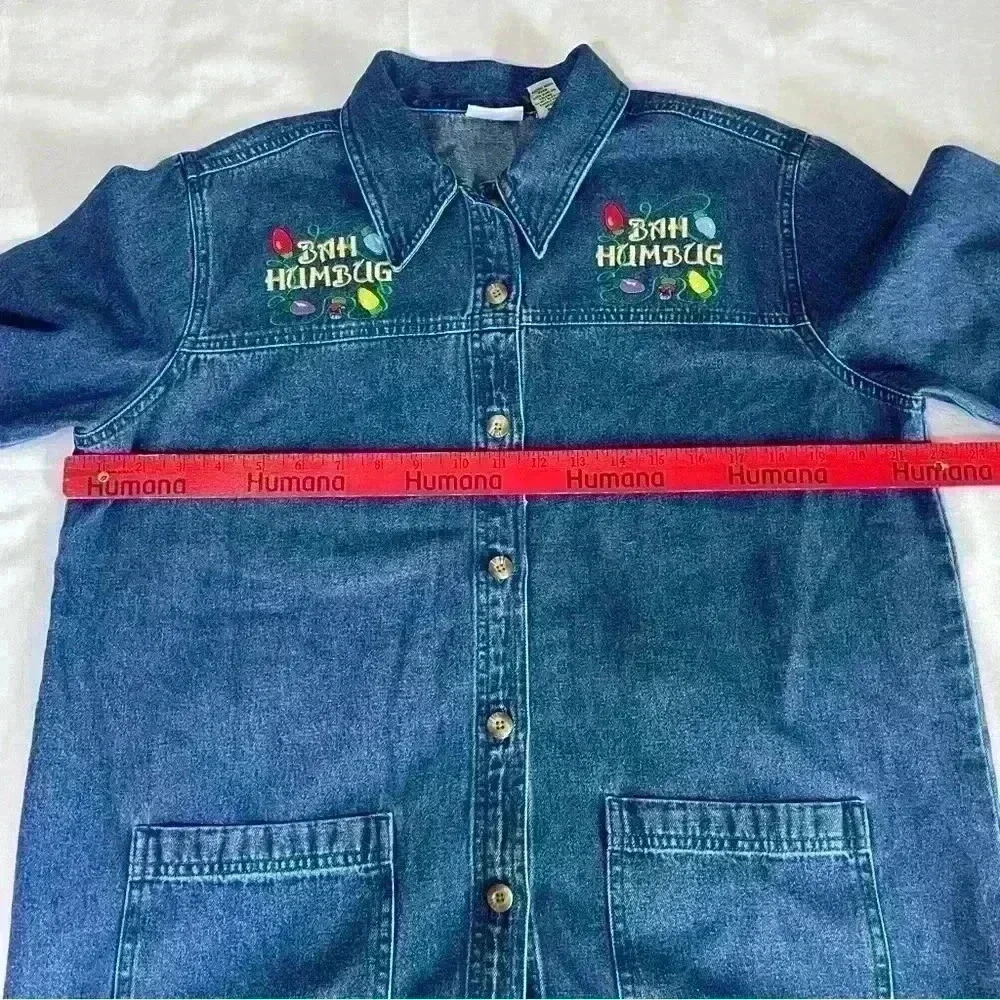 Classic Elements Denim Shirt Shacket Christmas Embroidered Size Medium Holiday - Picture 6 of 8